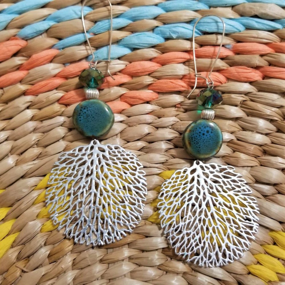 Artisan Hand Crafted Earrings Silver Leaf Teal Beaded Pierced - Picture 2 of 5